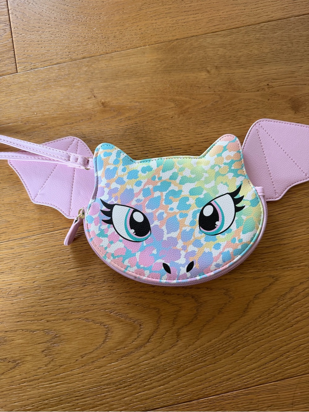Betsey Johnson Pastel Multicolor Cat-Unicorn wristlet with Pink Wings